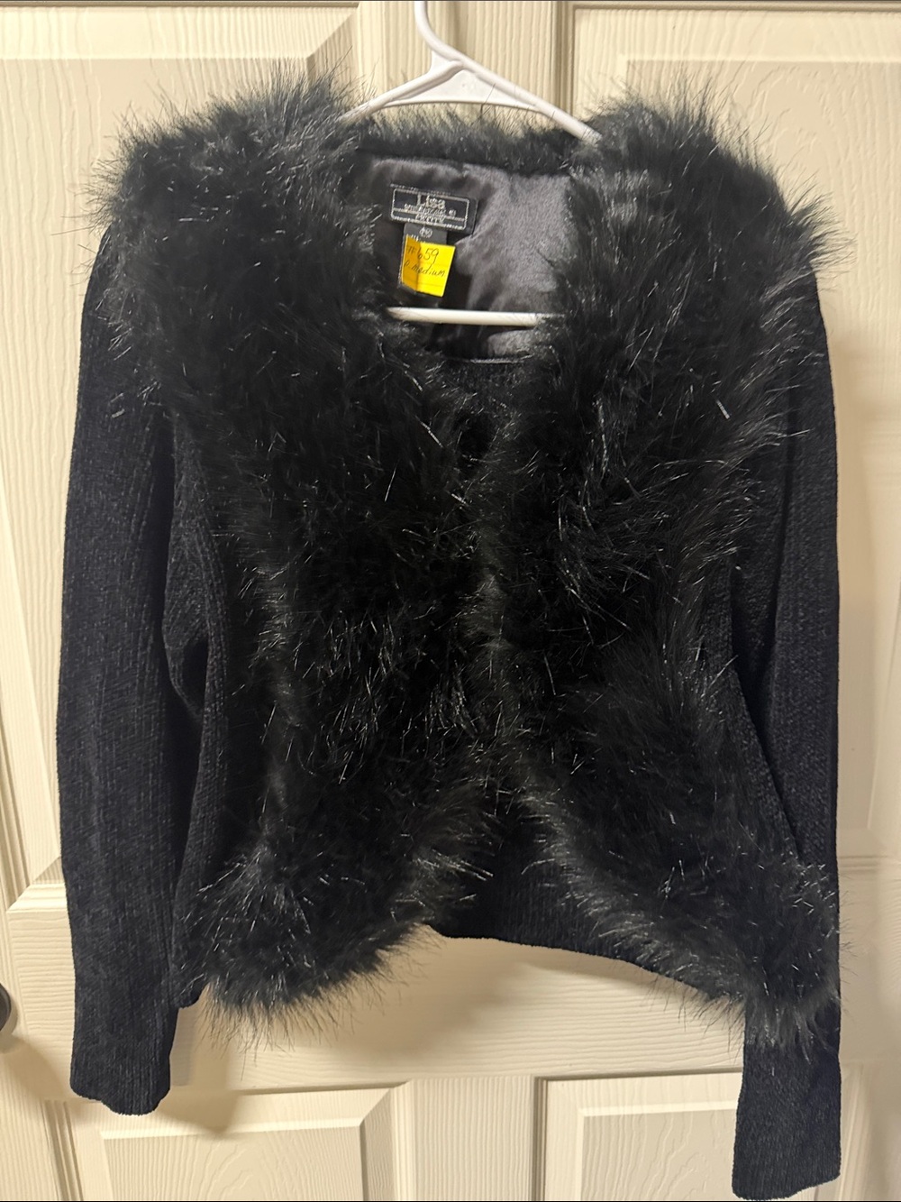 Lisa international Black Faux Fur Trim Open-Front Sweater
